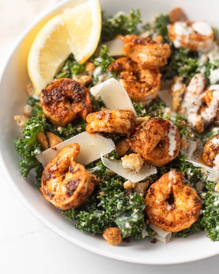 Kale Caesar Salad with Blackened Shrimp