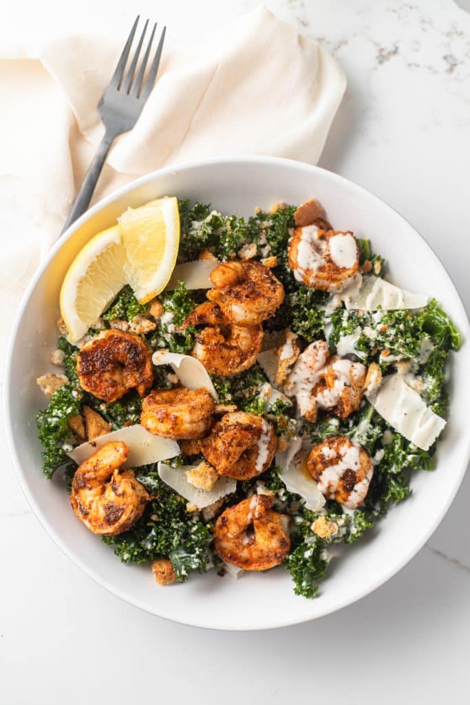 Kale Caesar Salad with Blackened Shrimp